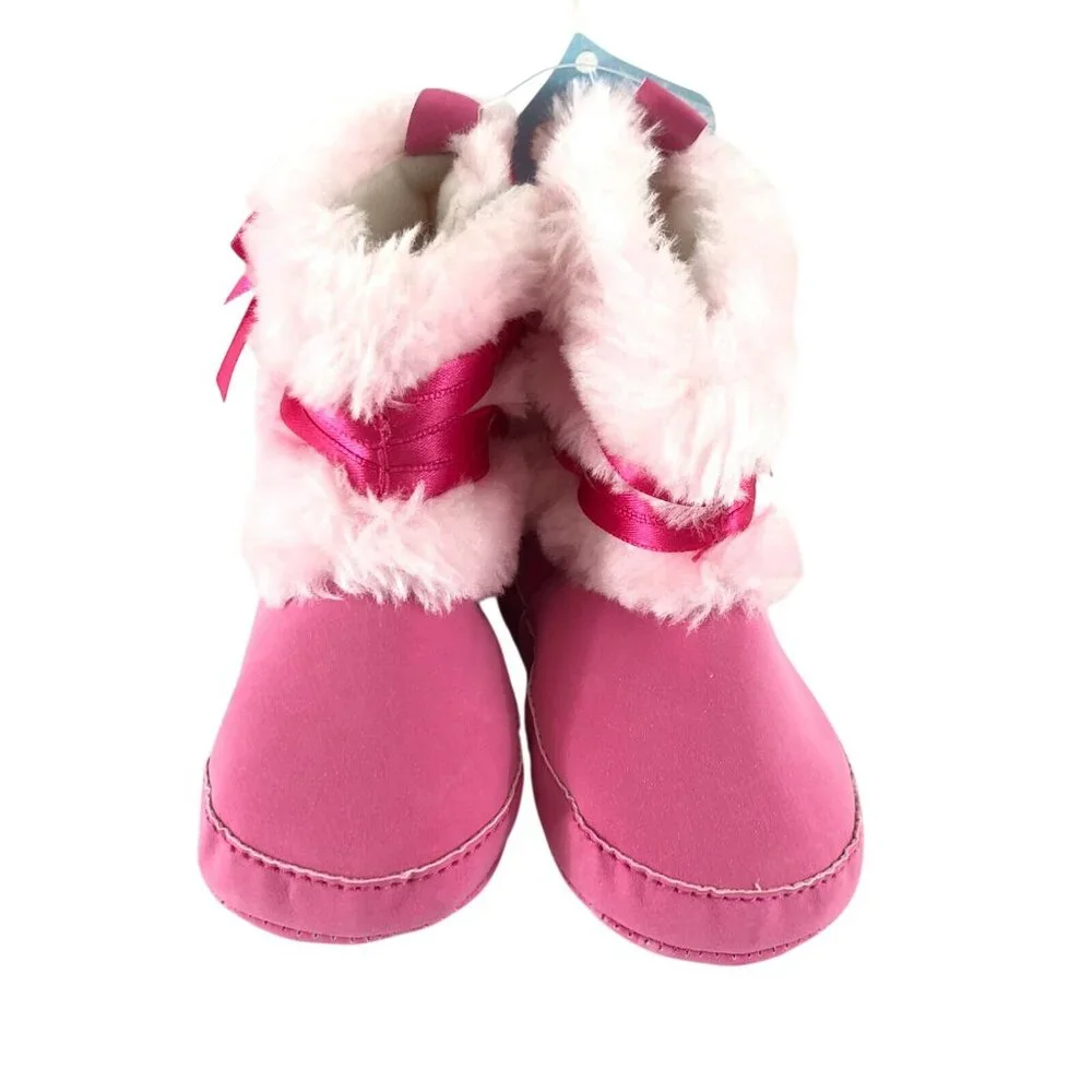 Baby Girls Boots Soft Sole Crib Shoes Slip On Faux Fur Bow Pink Size 0-6 Months